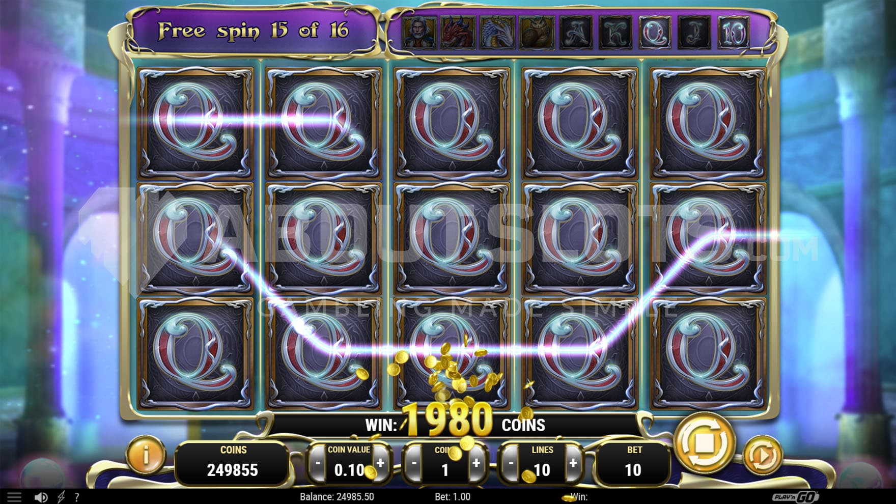 Free Spins bonus in progress, showing a full grid win on Q symbol.