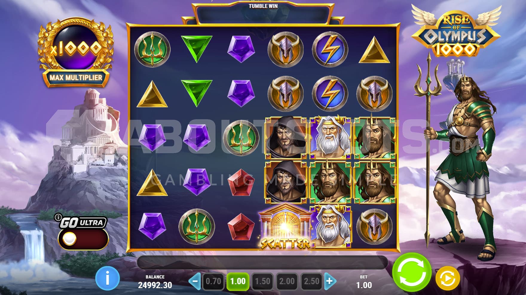 Base Game view of a 6x5 grid on a backdrop of a cloudy sky with a temple in the distance and Poseidon standing on the right.