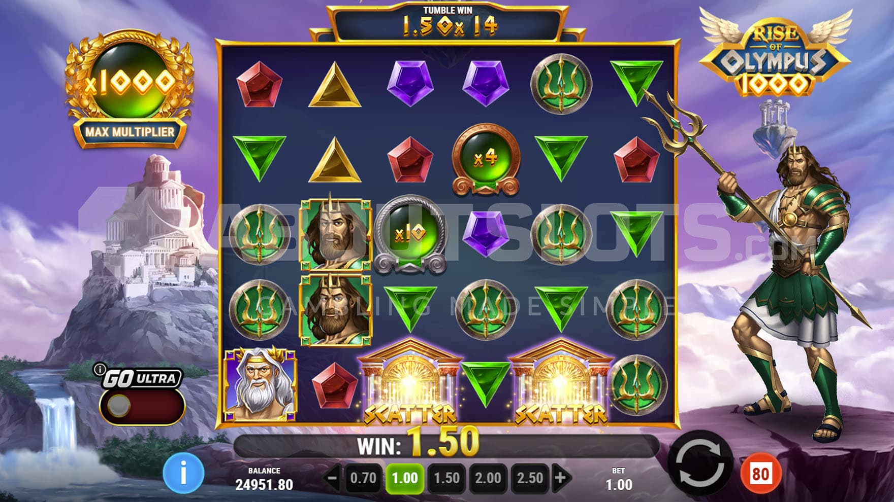 Two multiplier symbols with values of x10 and x4 triggered during a win in the base game.