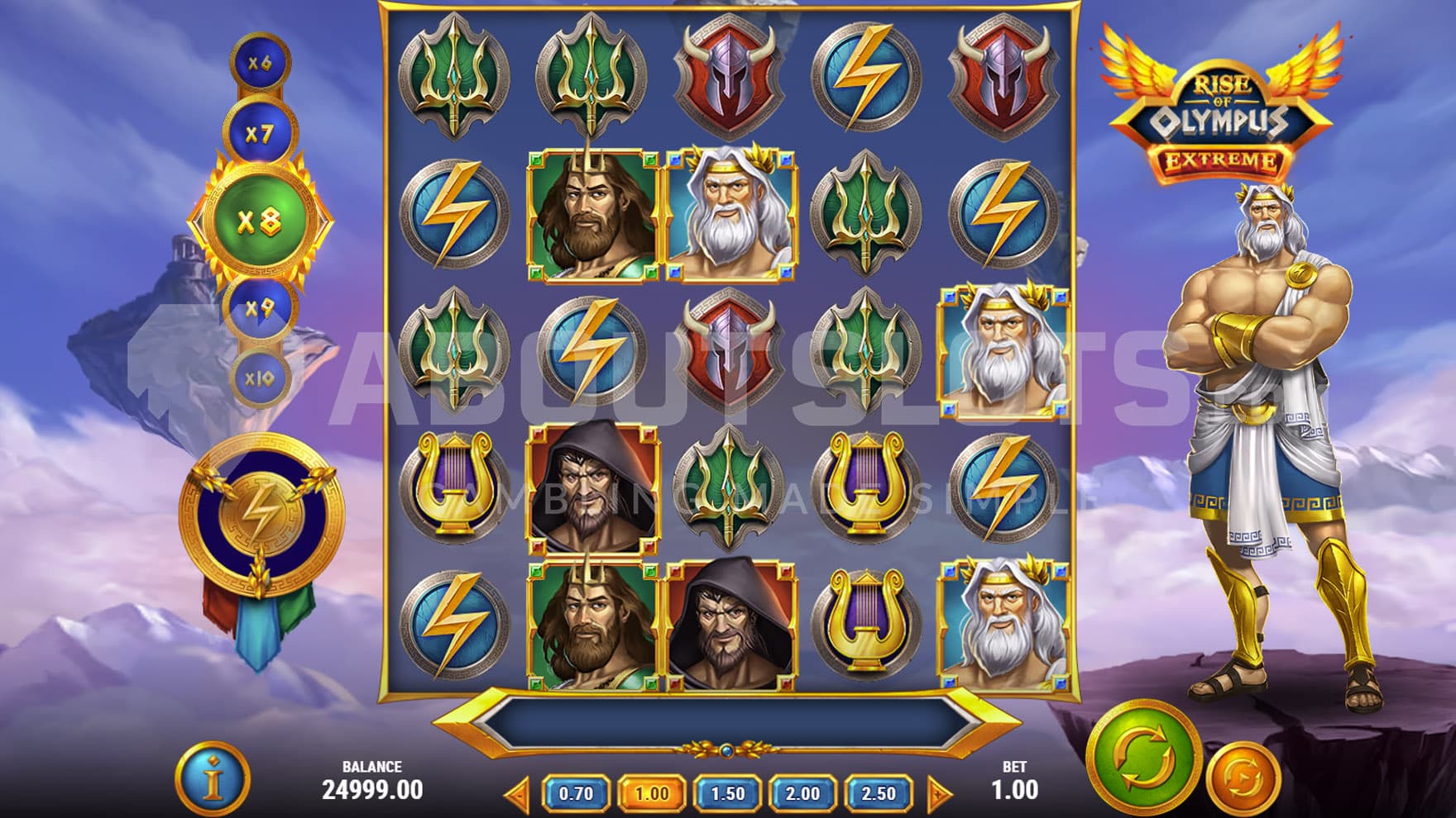 Base Game view of a 5x5 grid on a backdrop of a cloudy sky with Zeus standing on the right on a stone platform.