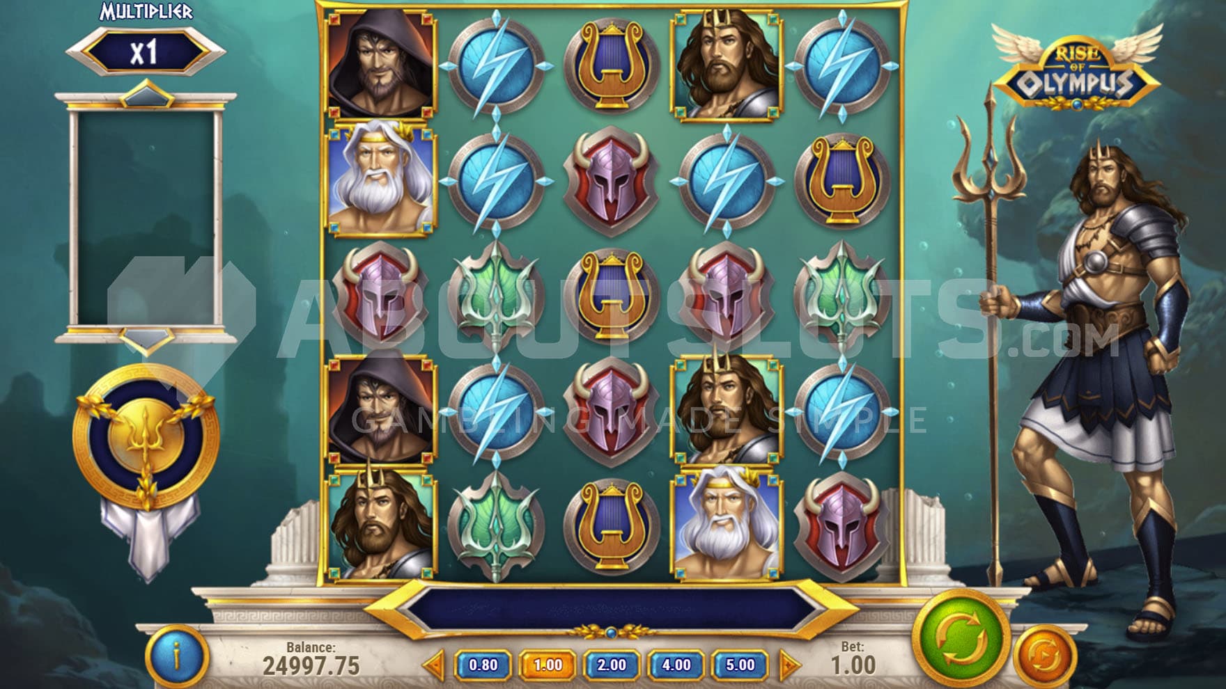 Base Game view of a 5x5 grid on a backdrop of an underwater kingdom of Poseidon who stands on the right.