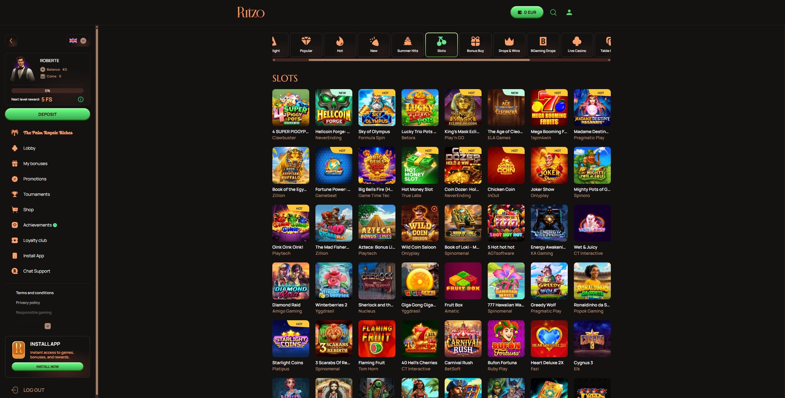 Ritzo Casino Games Page showing a selection of slot games and the main menu to the left