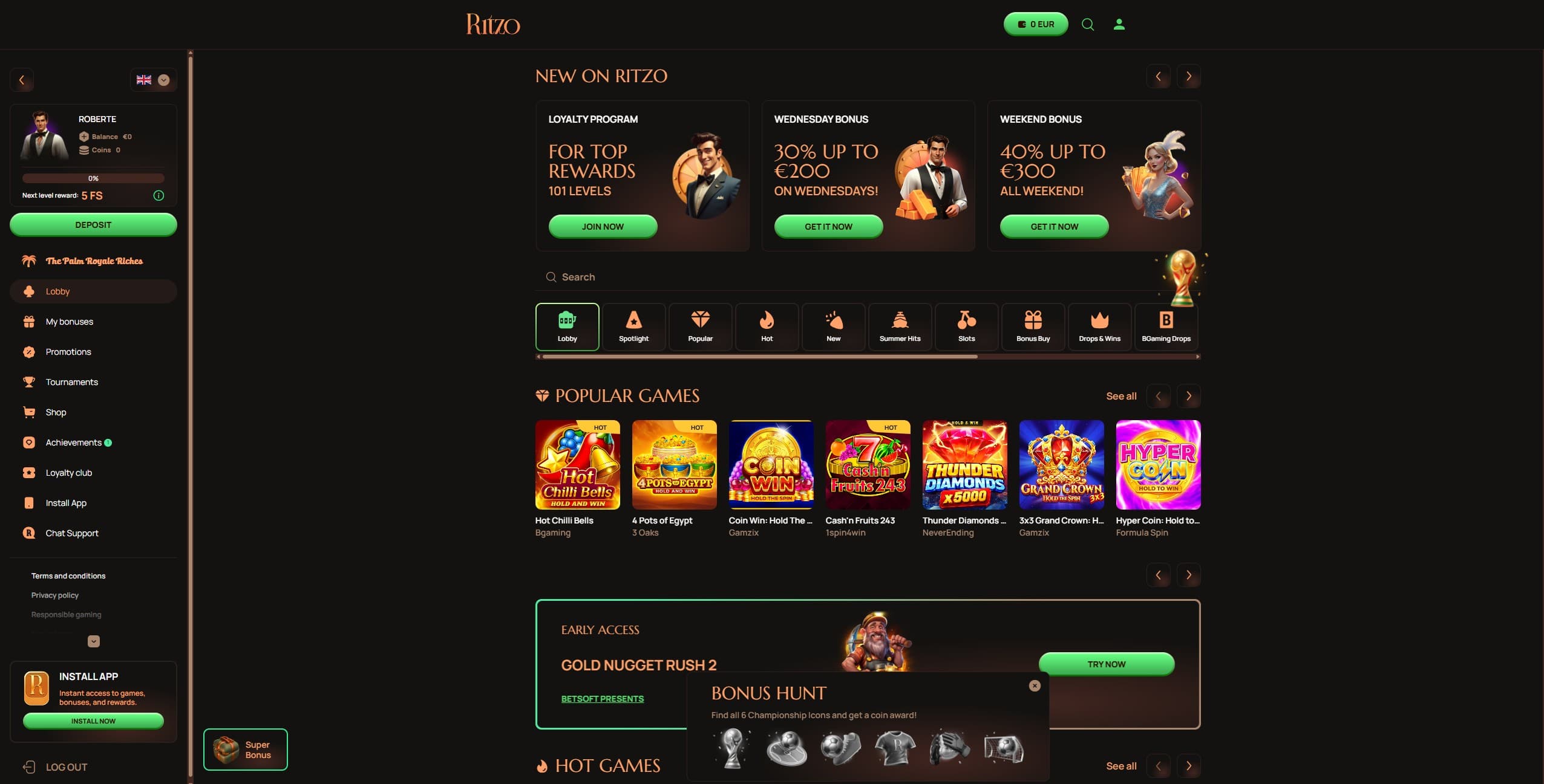 Ritzo Casino Landing Page showing a few games, bonus offers and the main menu