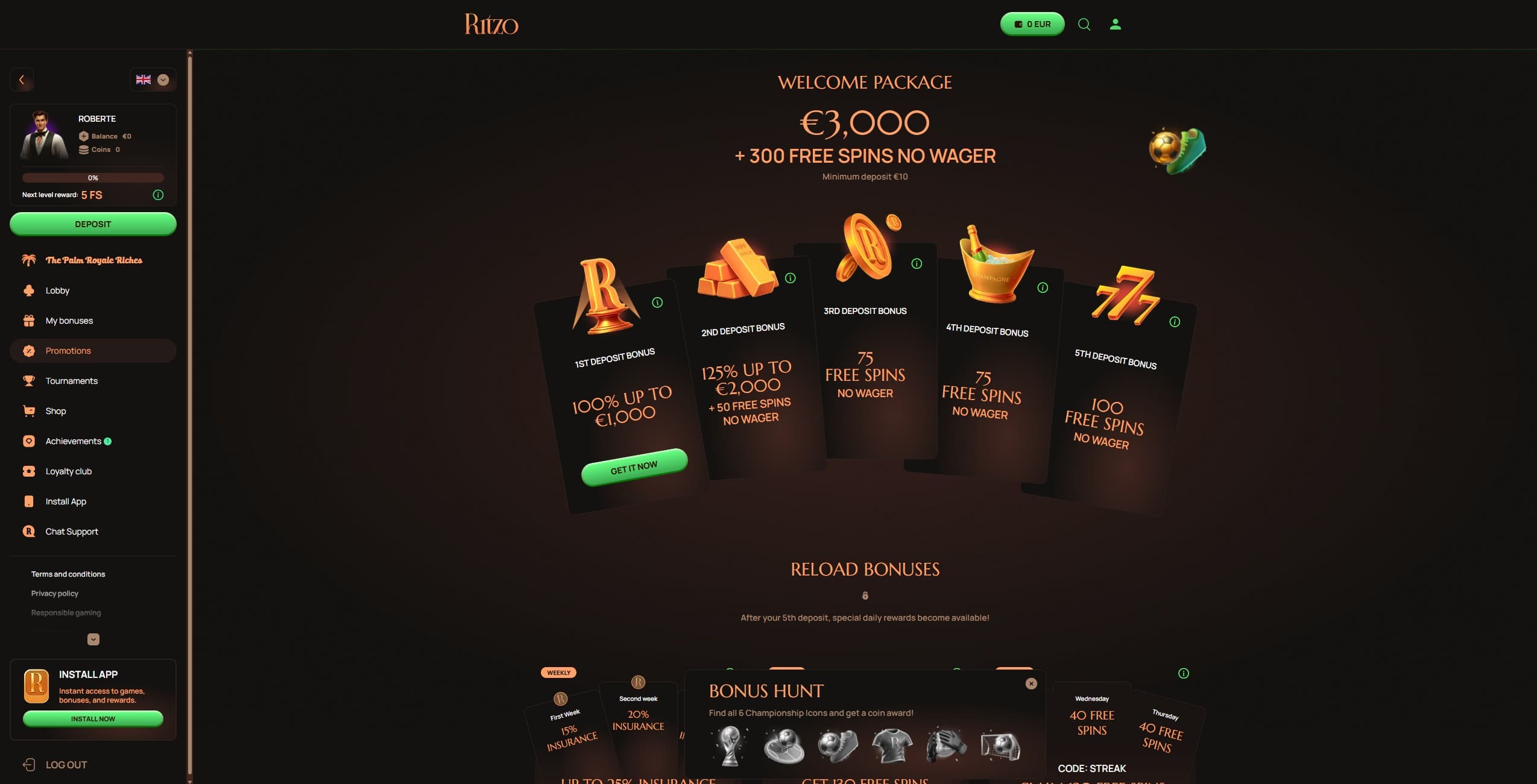 Ritzo Casino Promotions Page showing the available bonuses and promotions