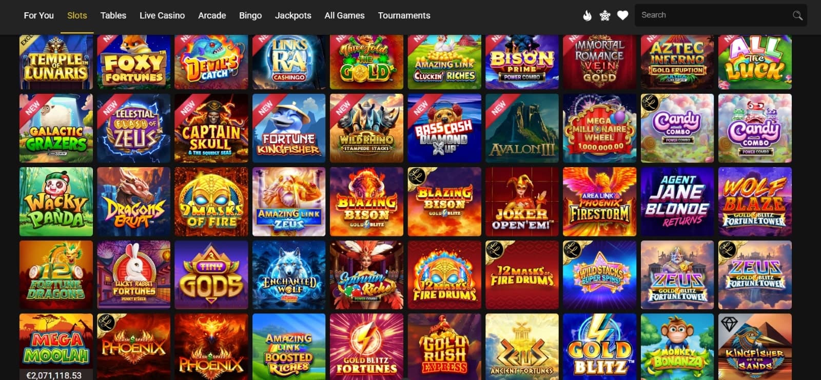 River Belle Casino games page featuring slot titles such as Temple of Lunaris and Foxy Fortunes under category tabs