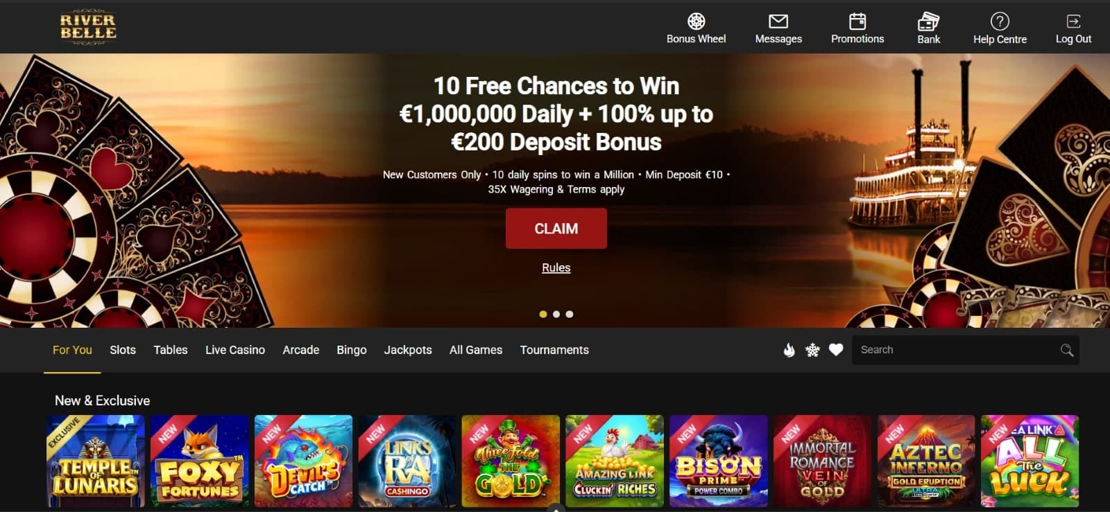 River Belle Casino landing page displaying 10 free chances to win 1000000 euros daily and first deposit welcome bonus of 200 euros