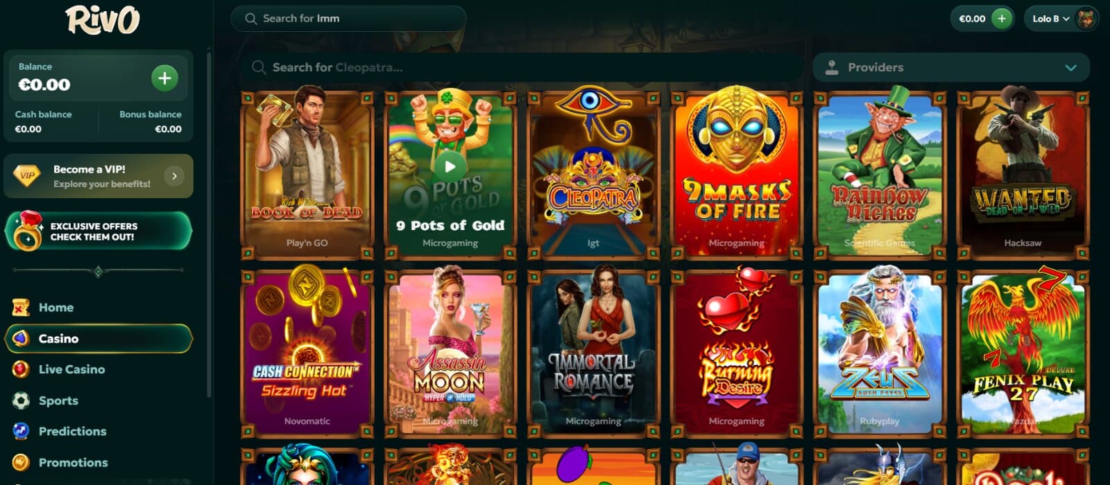 Rivo Casino games page featuring the slot and table game icons under search bar feature and left side menu with lobby pages