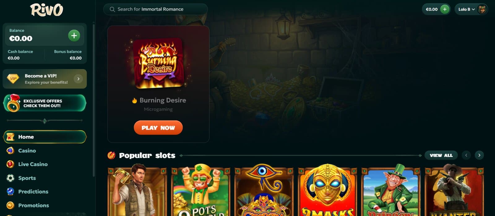 Rivo Casino landing page featuring the recommended slot icon, popular slot features and side navigational menu with lobby pages