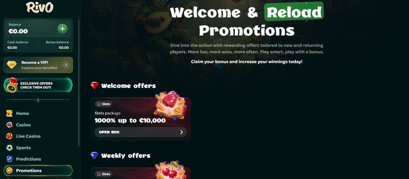 Rivo Casino promotions page featuring the welcome offers of 1000% up to 10,0000 euros and weekly reload offers
