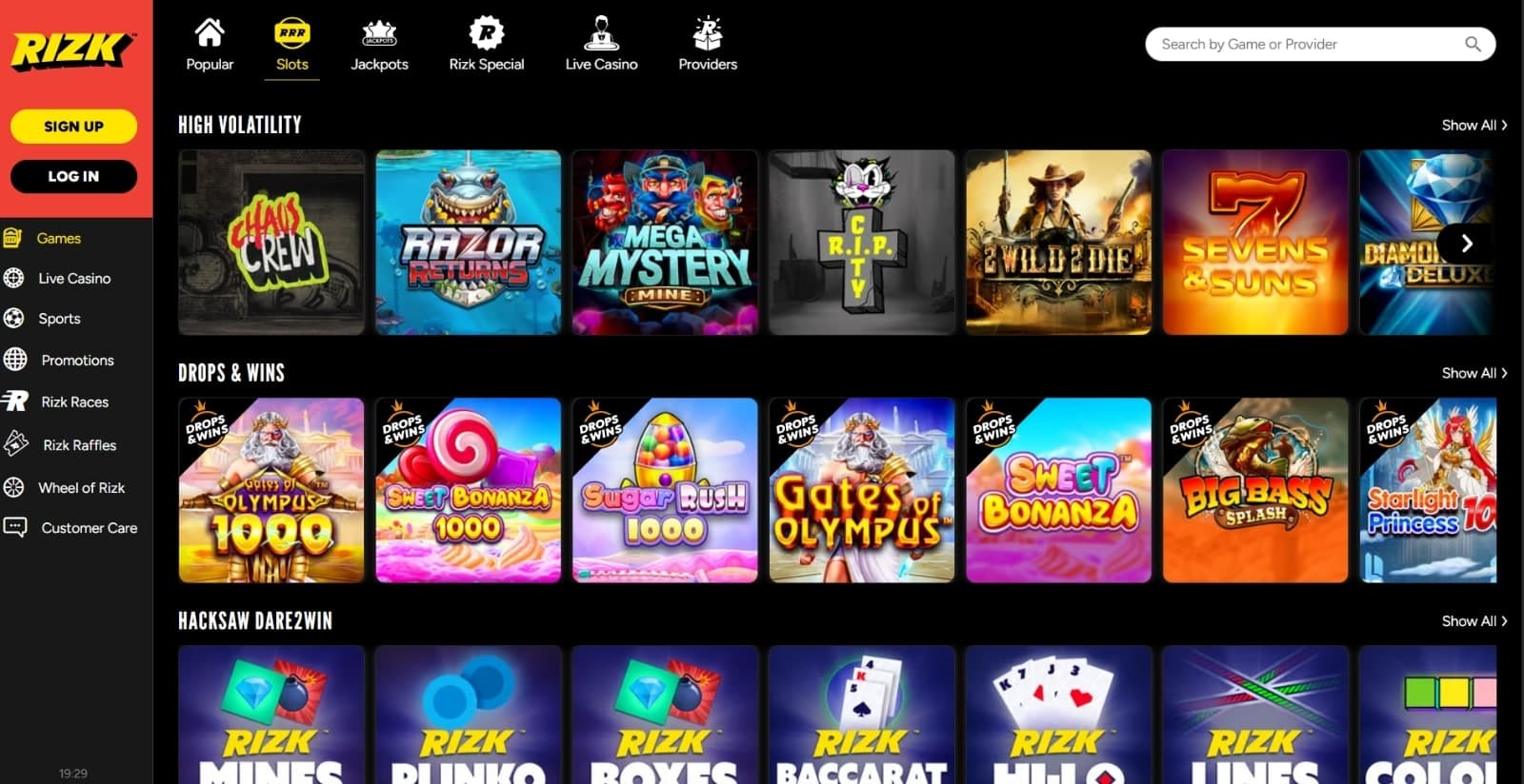 Rizk Casino's Games page featuring high volatility slots, drops and wins, and crash games under game categories and search bar