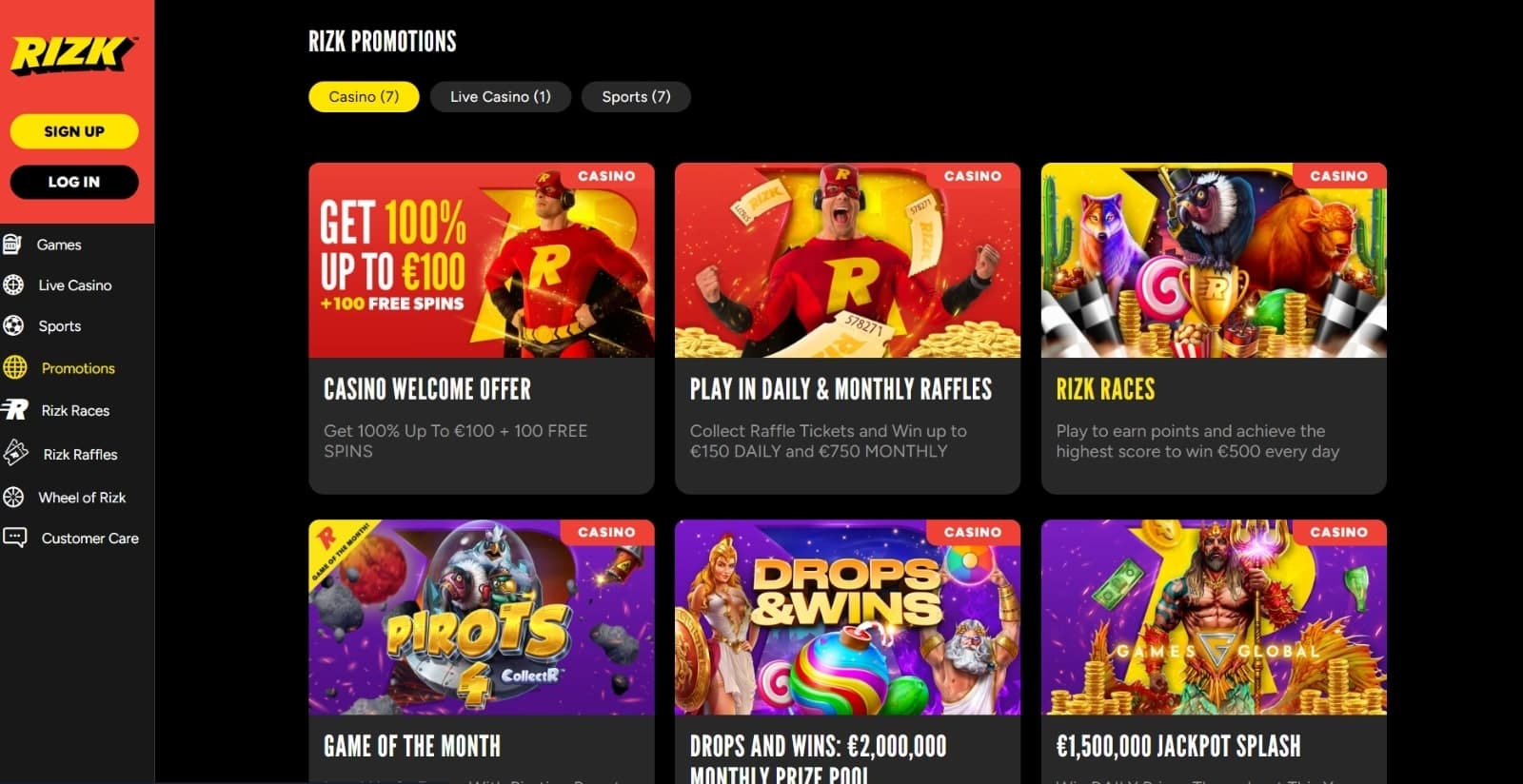 Rizk Casino promotional offers such as the welcome bonus, daily raffles, races, drops and wins, jackpot of the month and many more