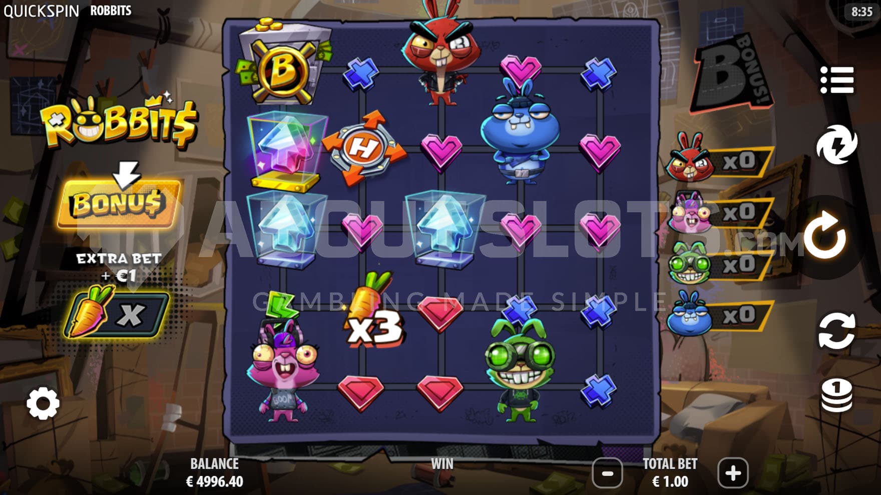 Base Game view of a 5x5 grid on a backdrop of an underground hideout where rabbits plan their heist.