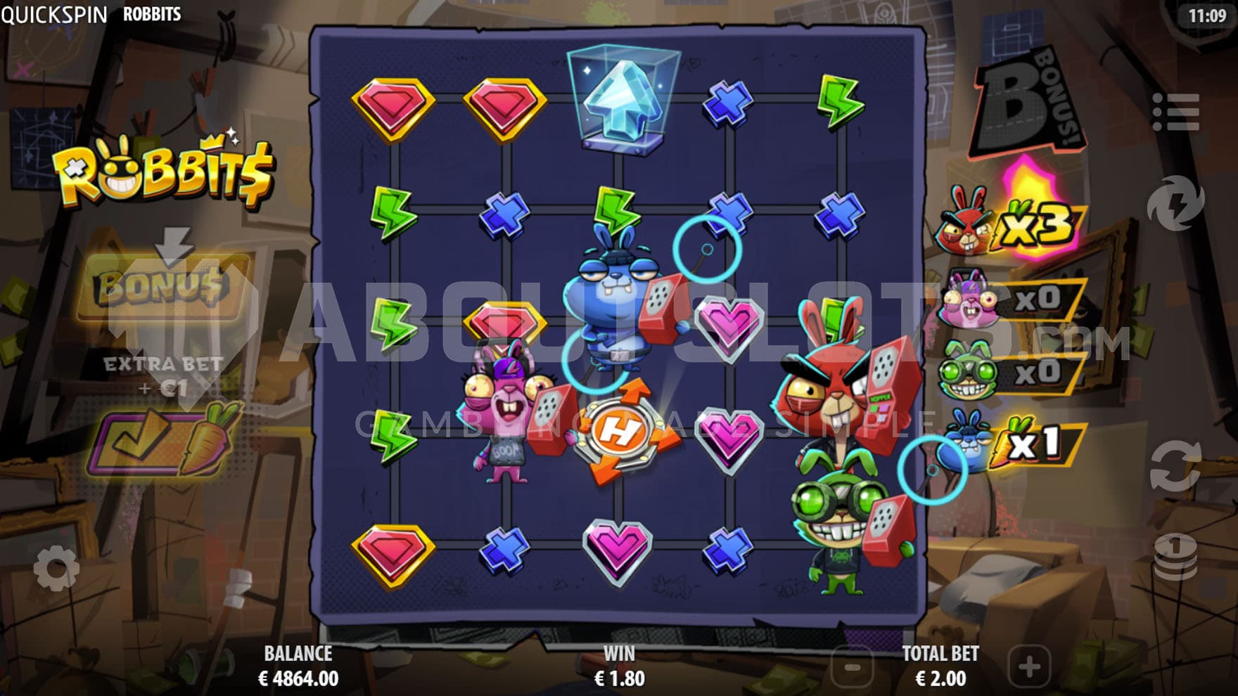 Red Rabbit feature triggered in the base game, causing rabbits to switch positions.