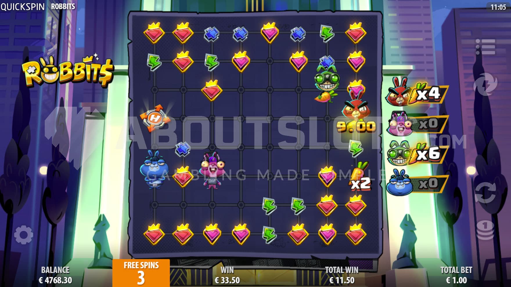 Free Spins bonus in progress, showing two out of four characters with increased multiplier and the grid increased to maximum size of 8x8.