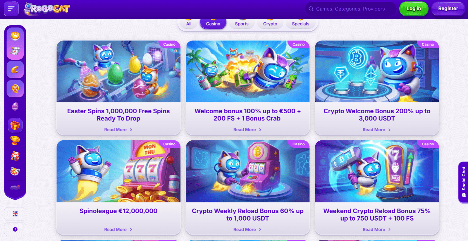 RoboCat Casino's promotions page listing the welcome bonus, crypto welcome bonus, weekly reload offers, daily cashback bonus, and seasonal promotion in images with robotic cats