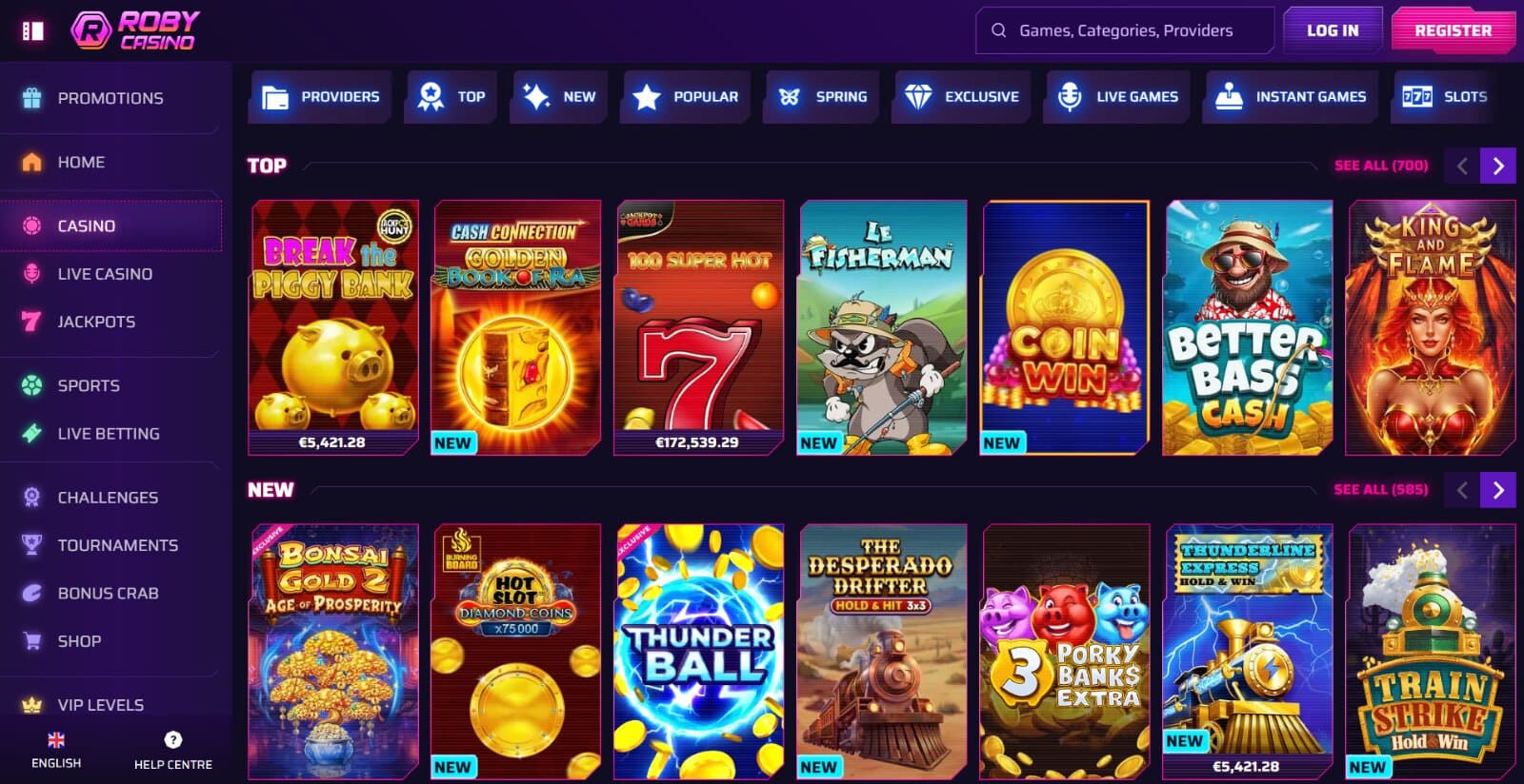 Roby Casino's games page featuring colourful slot icons under main game tabs and side menu navigation