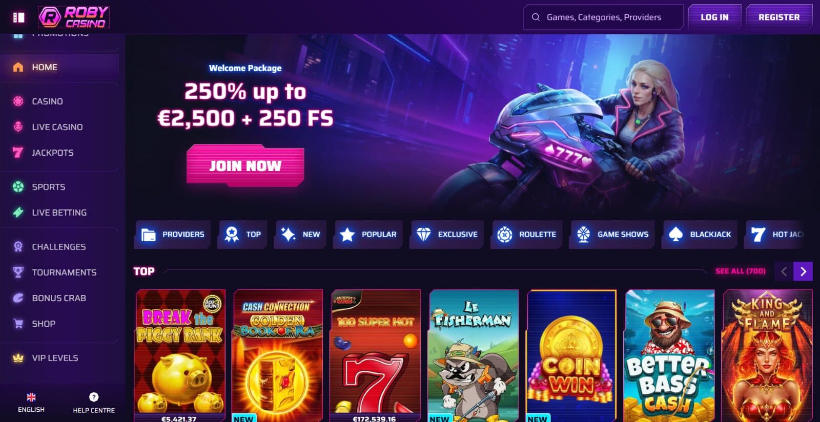Roby Casino's landing page featuring the welcome bonus banner with cyberpunk character on motorbike above main game categories and features slot icons