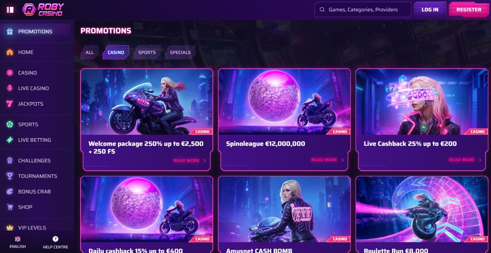 Roby Casino's promotions page featuring the welcome offer, reload bonus, cashback and network promotions with pink neon banner images