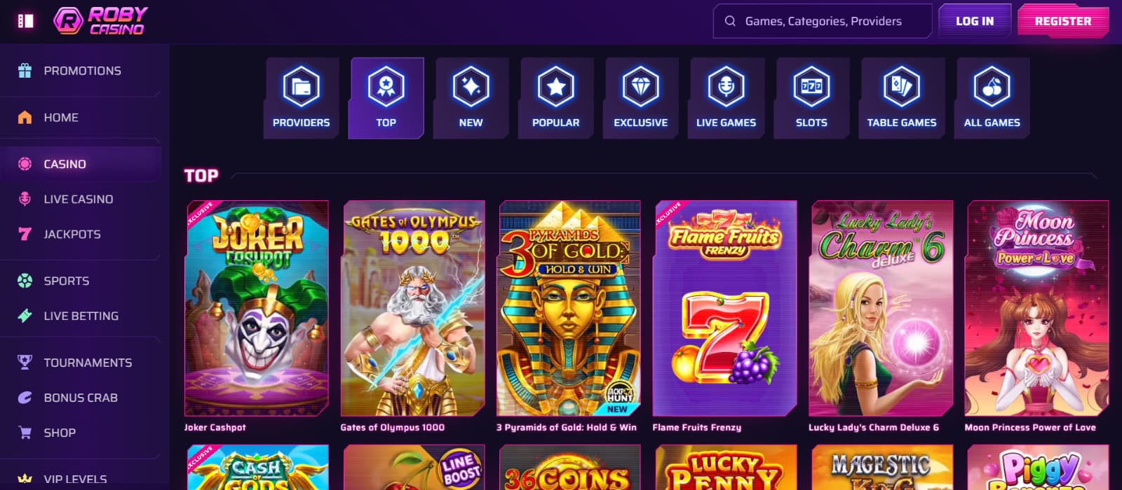 Roby Casino games page with Greek and Egyptian themed slots