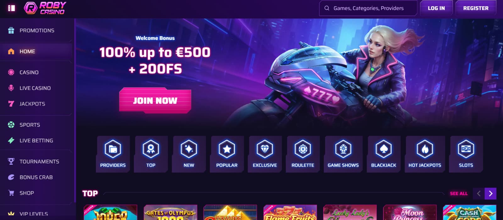 Roby Casino home page with banner of cyberpunk-inspired woman on a motorcycle