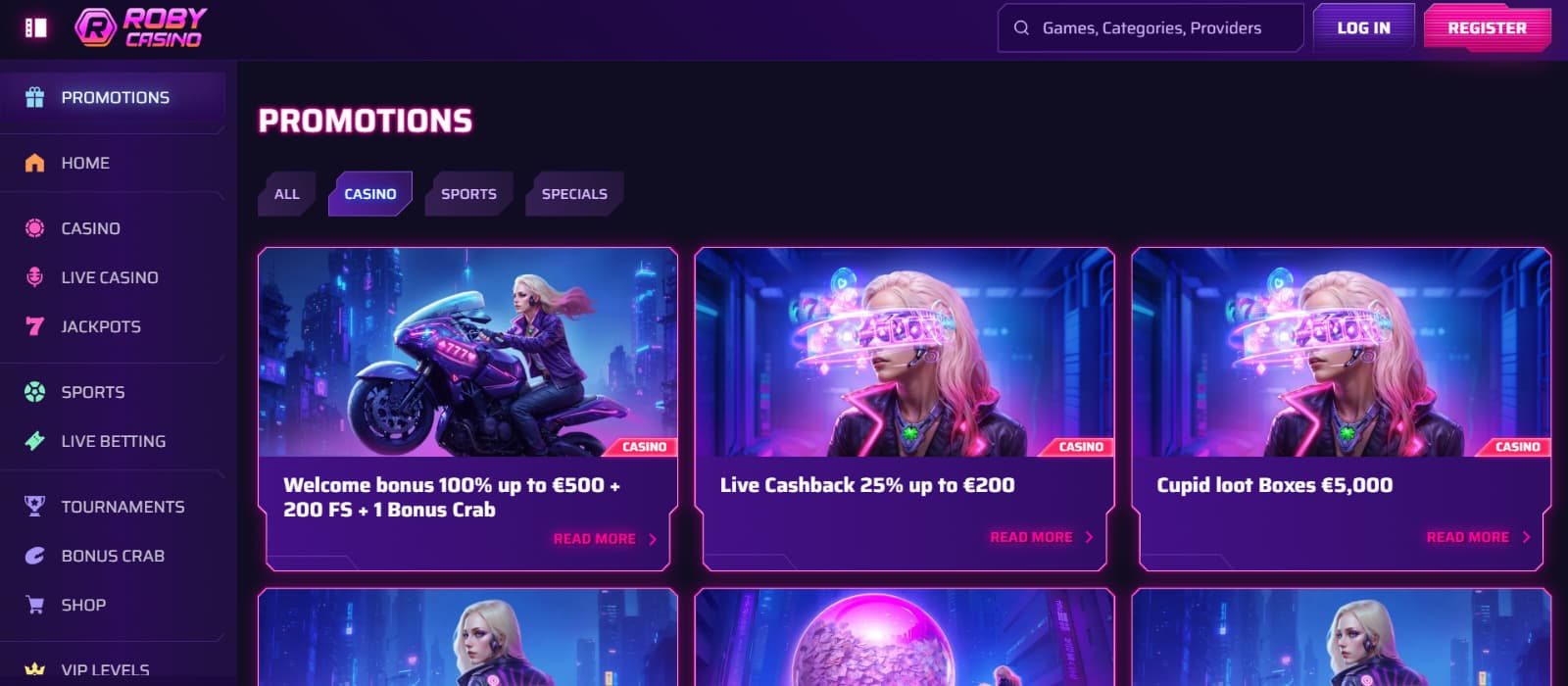 Roby Casino promotions page with futuristic tiles of promotions