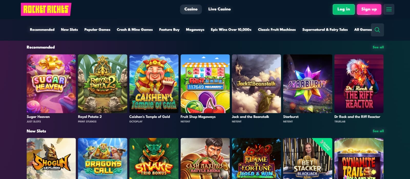 Rocket Riches Casino games page with starburst, Shogun slot titles