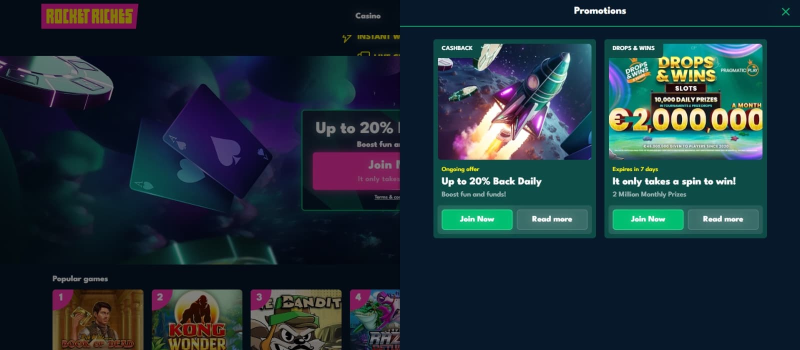 Rocket Riches Casino promotions tab with green rocket themed promos