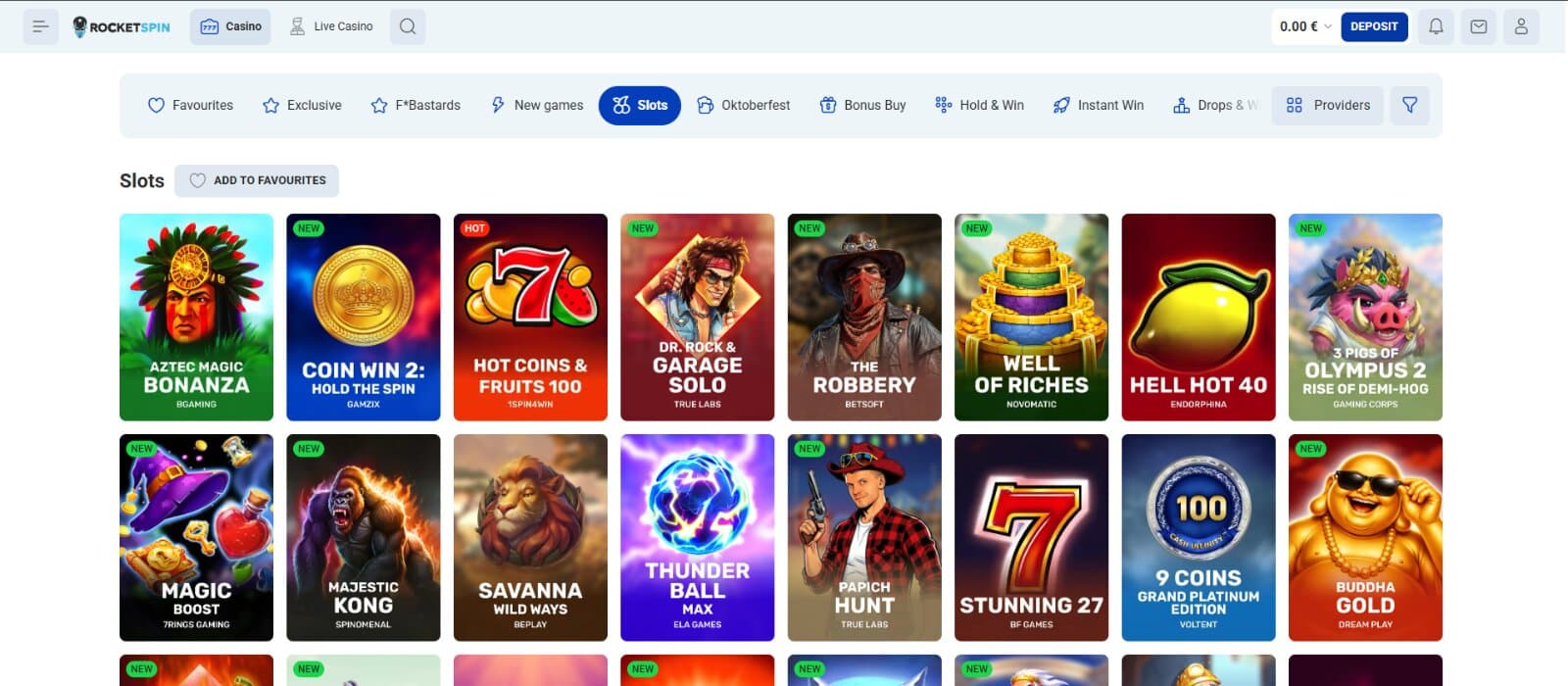 Rocketspin Casino games page featuring the slot game icons under sorting tabs for main game categories