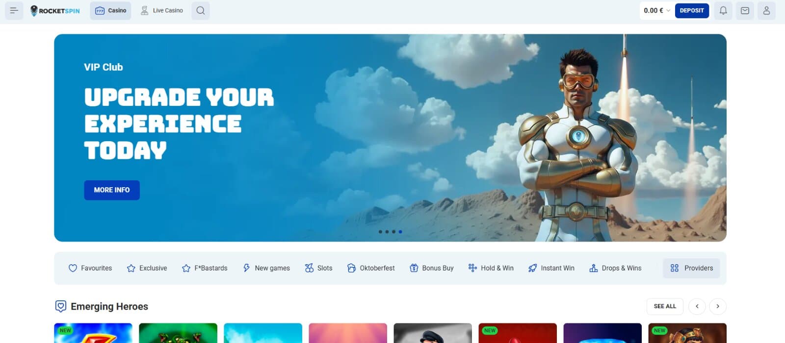 Rocketspin Casino Landing Page featuring banner image with superhero character promoting VIP club, casino game lobby tabs, and emerging games section with icons