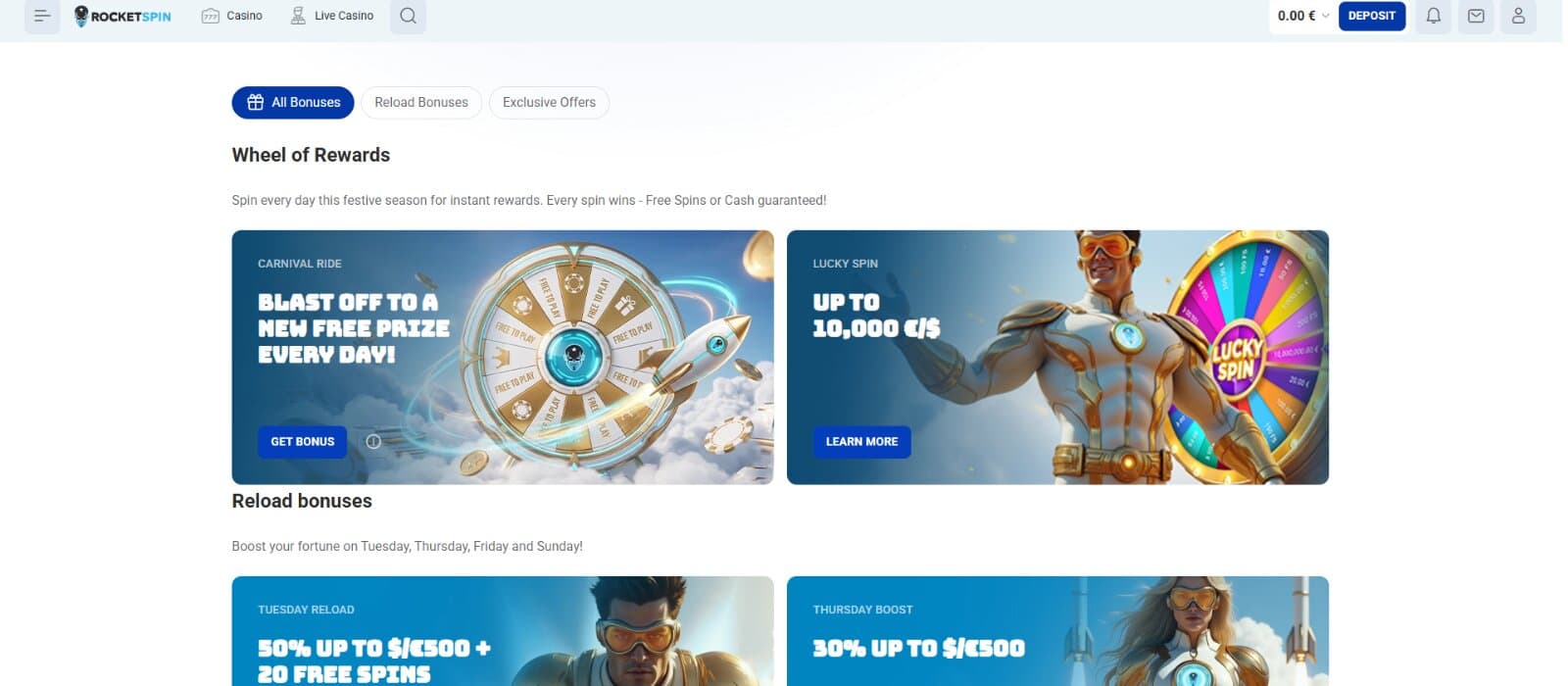 Rocketspin Casino Promotions Page featuring the wheel of rewards prizes, weekly reload bonuses and free spins, with images of superhero figures