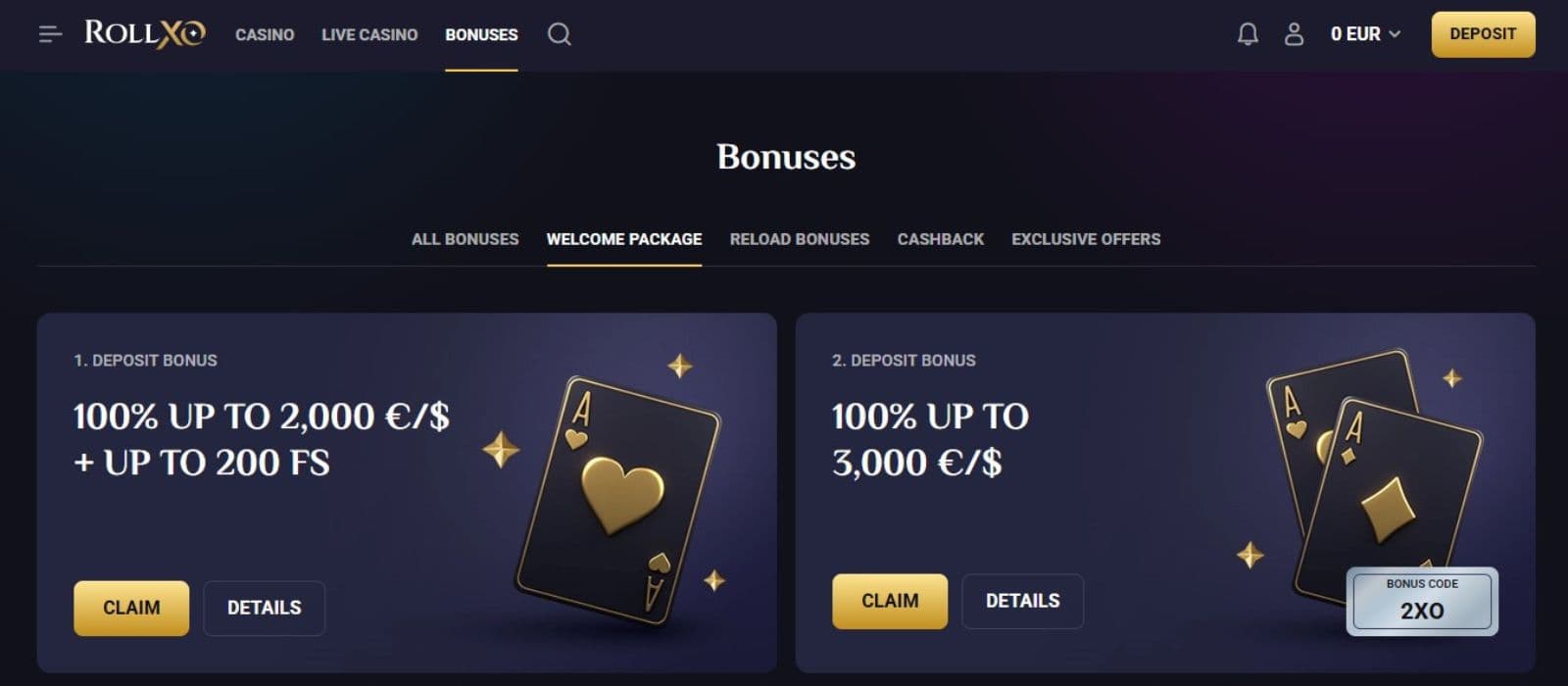 RollXO Casino's promotions page, showing the 1st and 2nd deposit welcome bonuses.