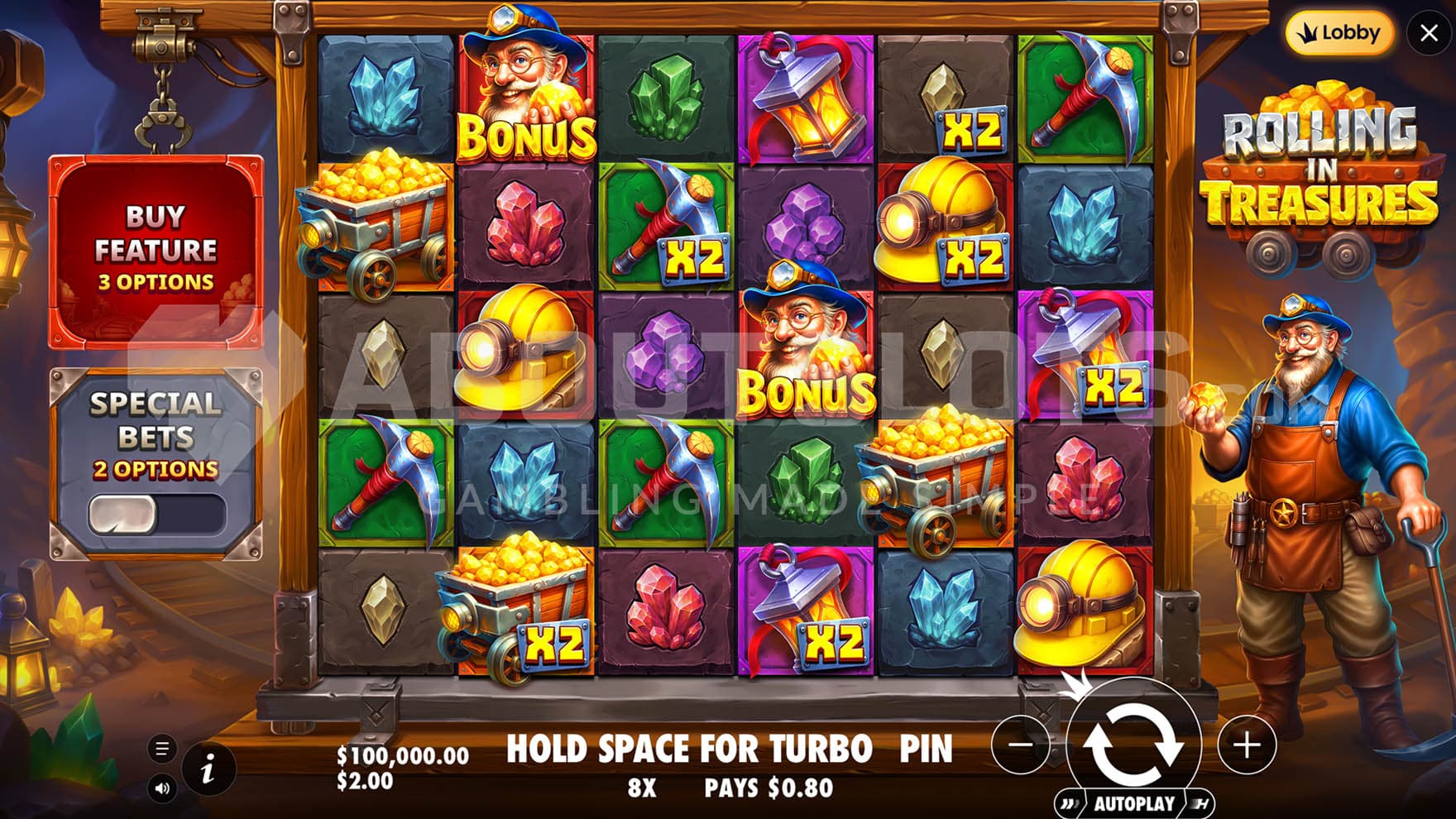 Base Game preview screenshot of the Rolling in Treasures slot.