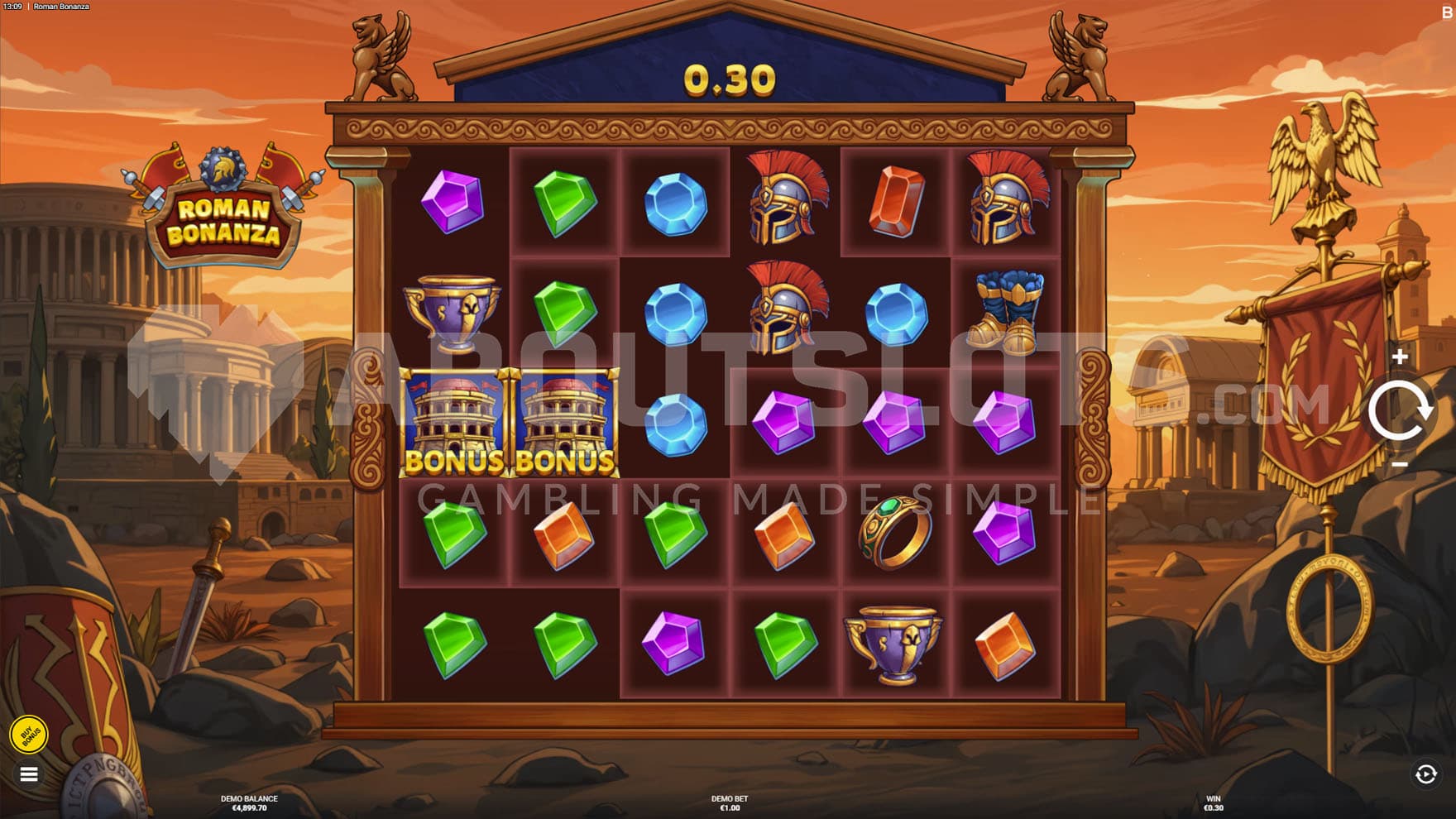 Base Game view of a 6x5 grid on a backdrop with Ancient Roman buildings.