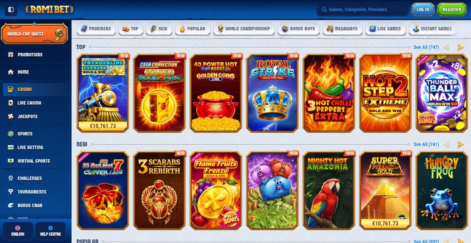 Romibet Casino games page featuring the slots, table, and arcade games under category menus and sorting options