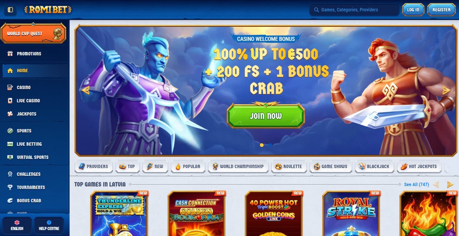 Romibet Casino landing page featuring the 500 eur and 200 free spins welcome bonus banner with mythical characters, game menus and top slots