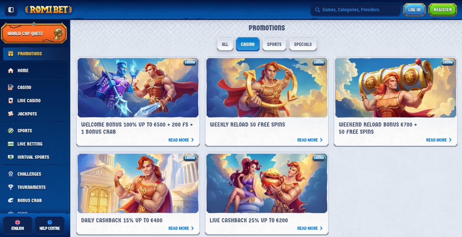 Romibet Casino promotions page featuring the welcome bonus, weekly reload bonus, weekly free spins bonus, VIP daily cashback and bonus crab offer