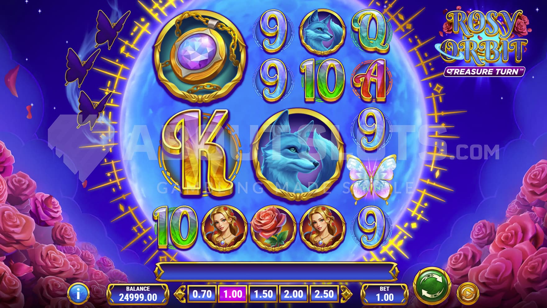 Base Game view of a 5x5 grid on a backdrop of a full moon surrounded by roses.