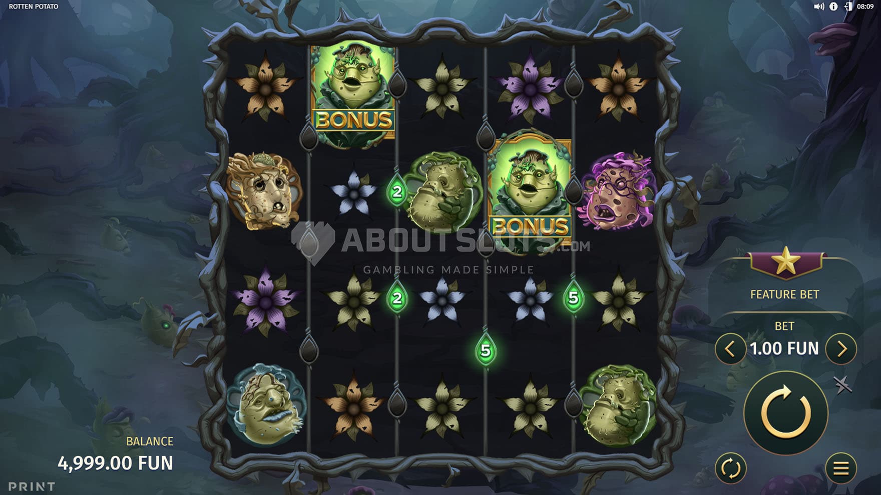 Screenshot of the base game, showing a 5x4 grid on a backdrop of a dark, barren land.