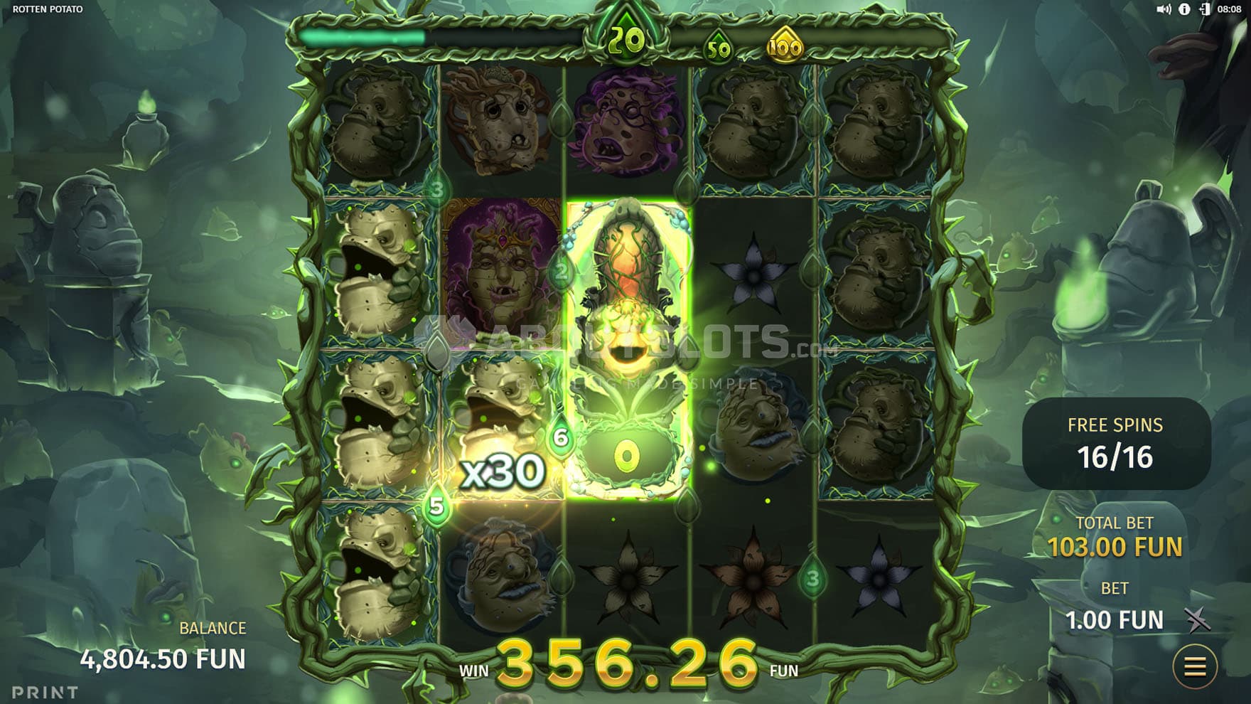 Screenshot of the Free Spins bonus in progress, showing a win with two SuperSpinners activated.