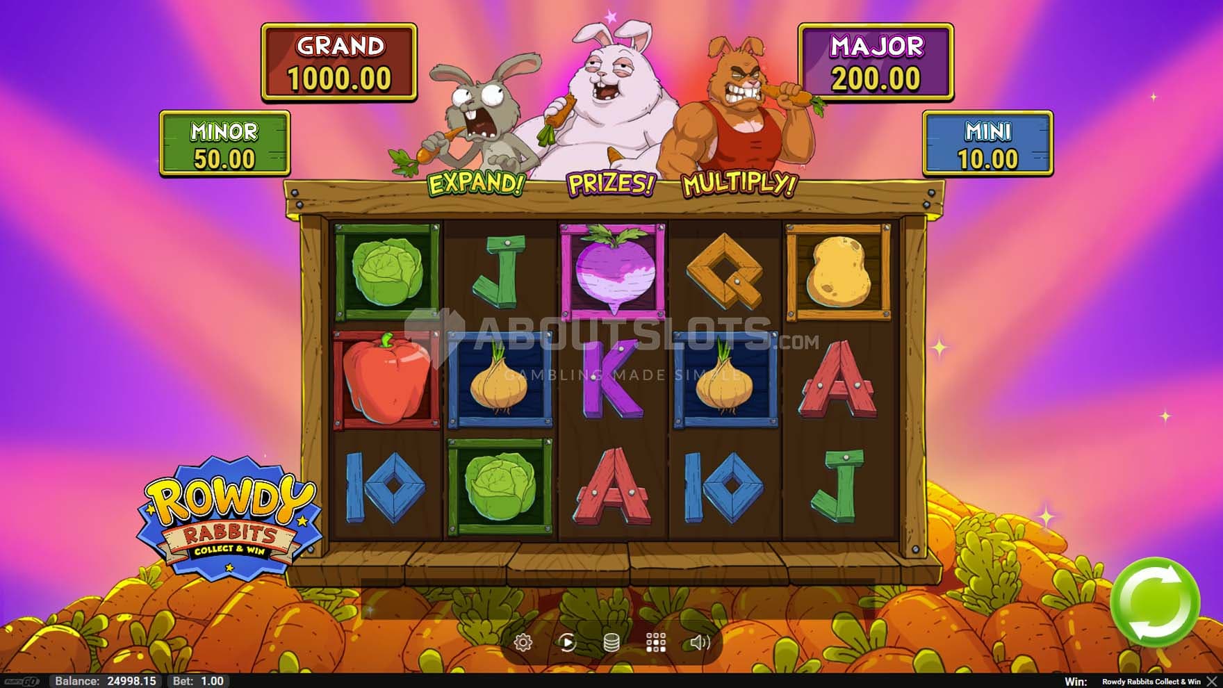 Screenshot of the base game, showing a 5x3 grid on a pile of carrots, with 3 rabbits sitting at the top.