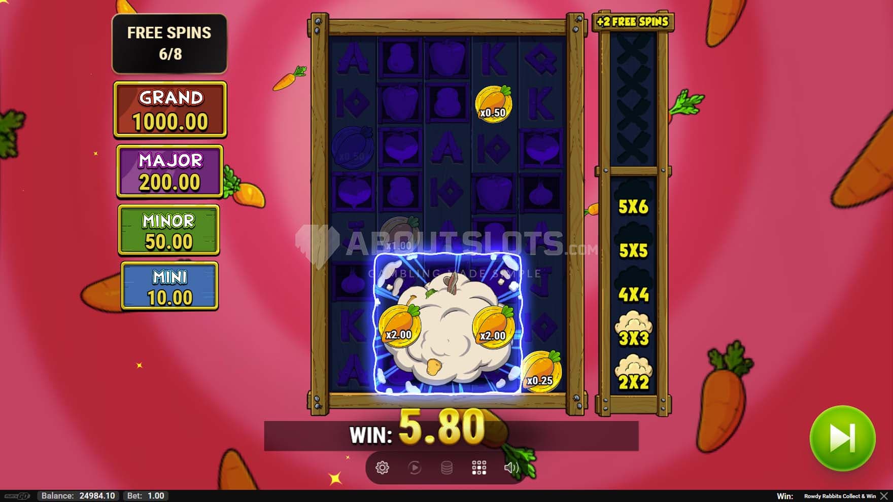Screenshot of the Rowdy Rumble feature in progress, with several cash symbols on the grid.