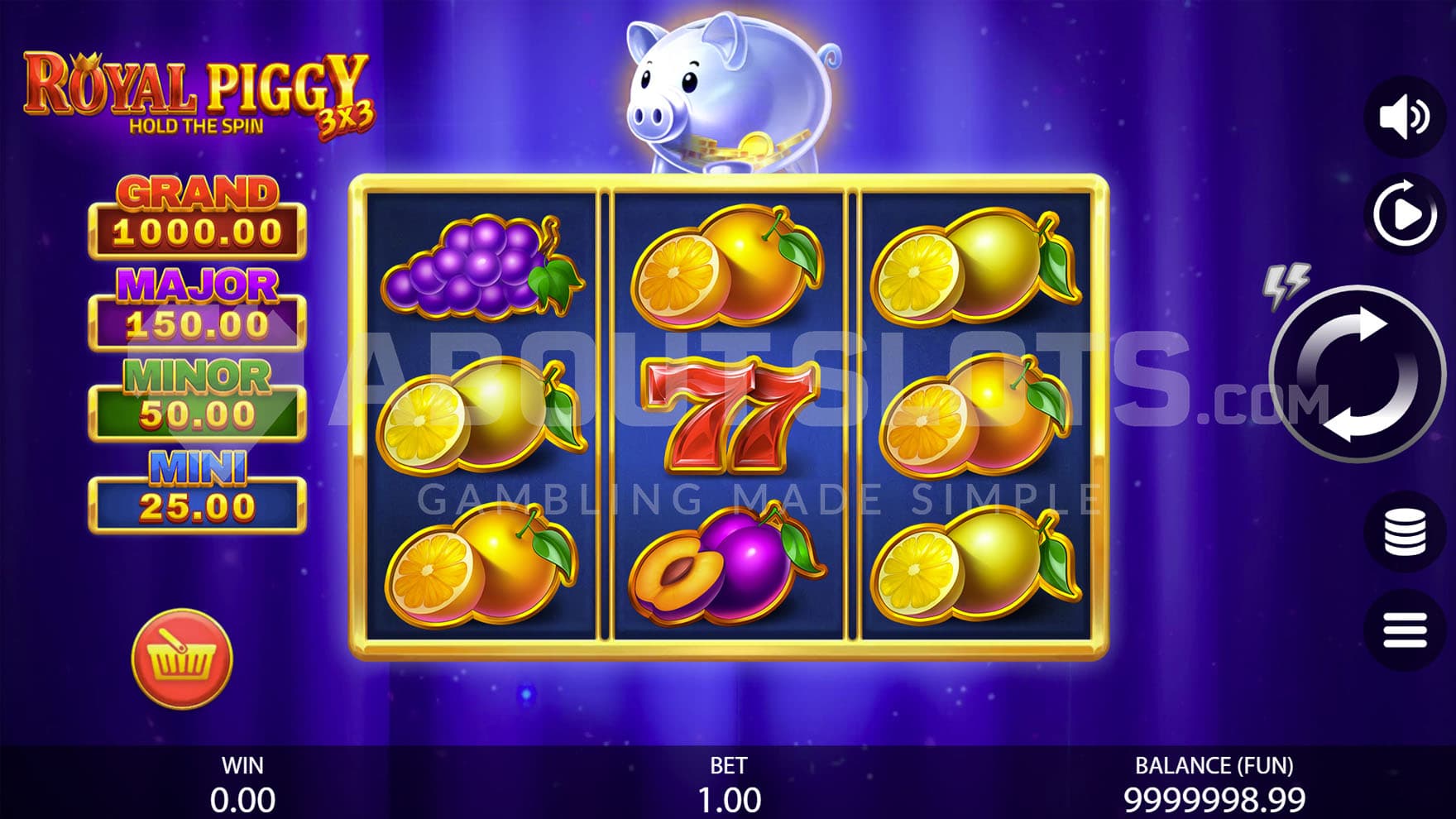 Base Game view of a 3x3 grid with classic fruit and casino symbols on a blue background.