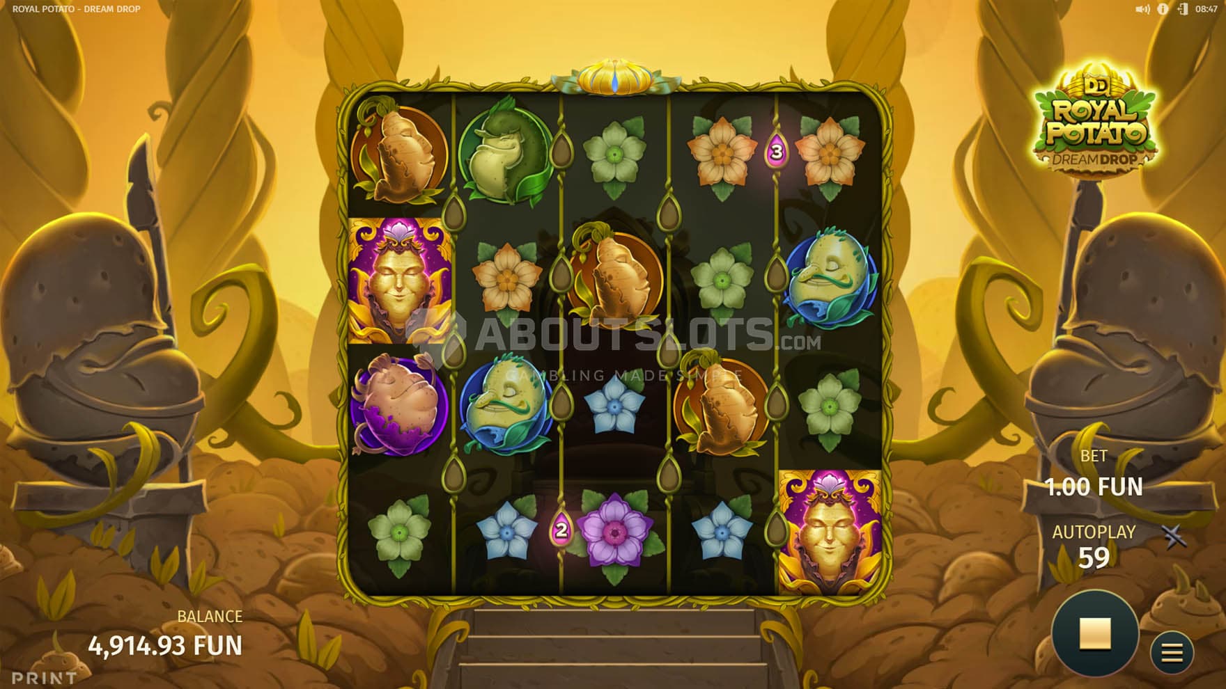 Screenshot of the base game, showing a 5x4 grid on a backdrop of a potato kingdom.