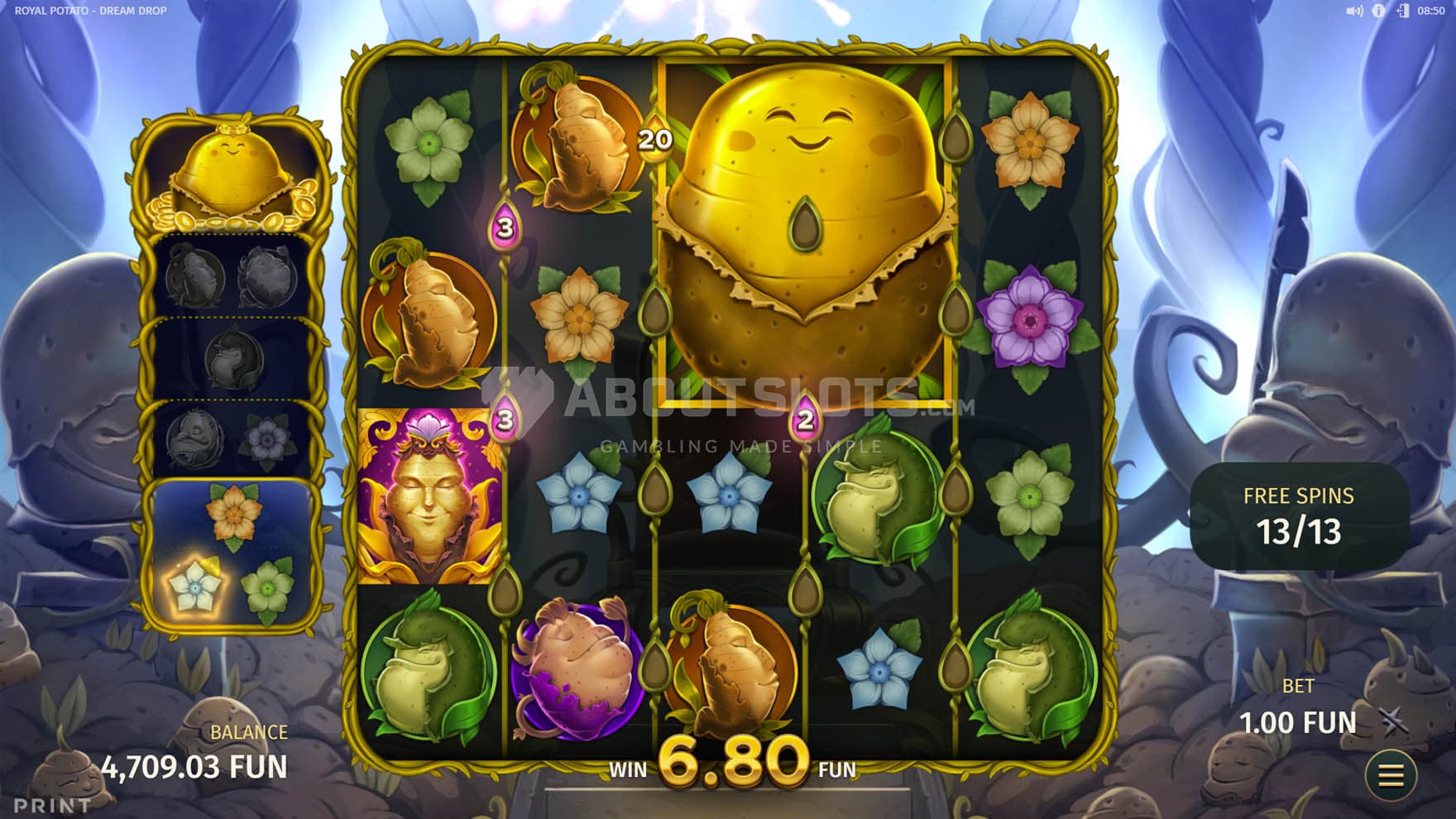 Screenshot of the Free Spins bonus in progress, with, a 2x2 Jumbo block on the grid.