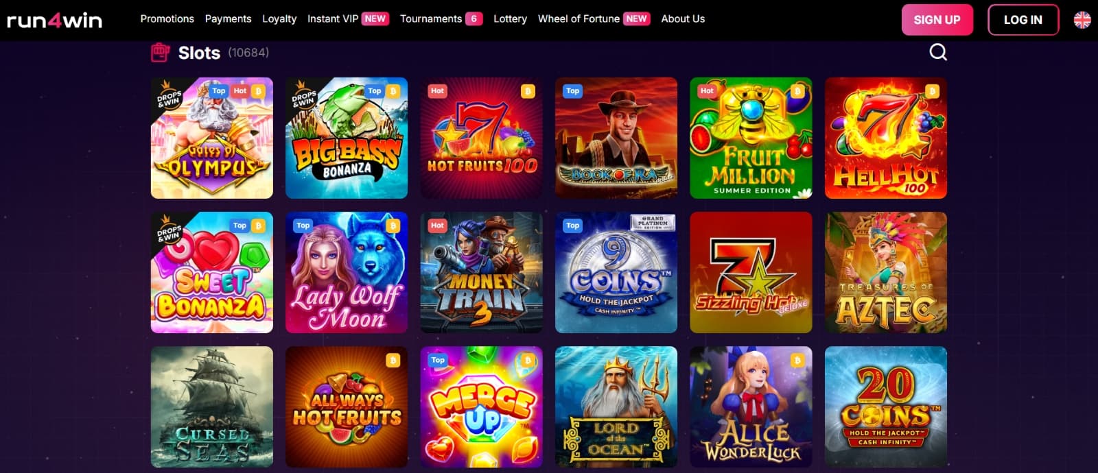 Run4win Casino games page with slots such as Games of Olympus, Big Bass, Book of Ra under main site tabs