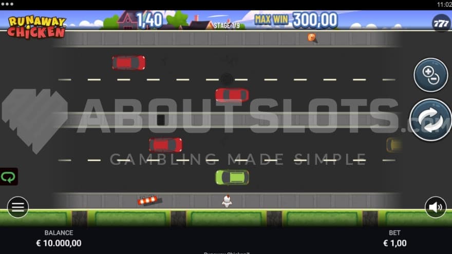 A chicken trying to cross a road full of cars.