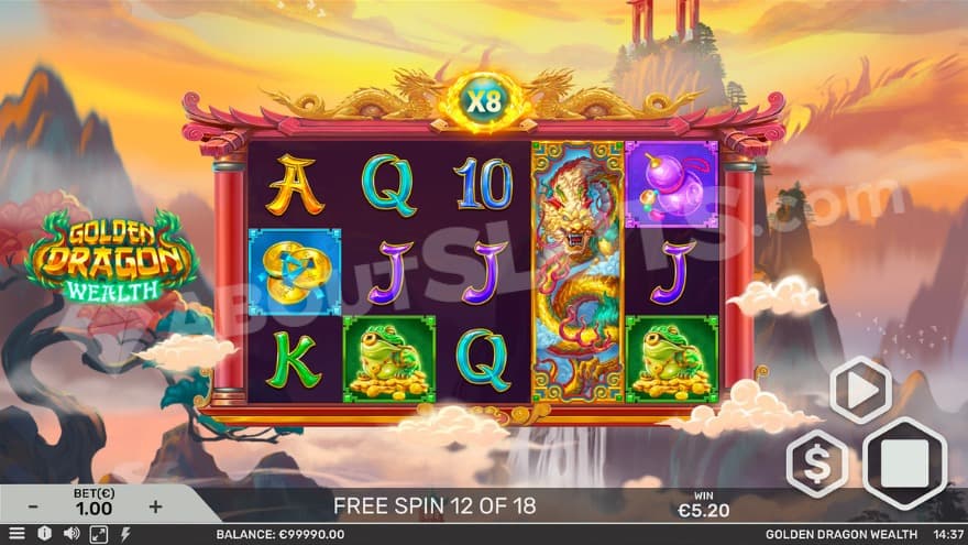 Free Spins bonus game with a 8X multiplier above the middle reel.