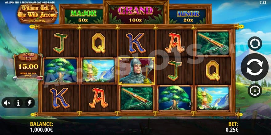 A Swiss mountain landscape with the game's wooden reels in the middle.