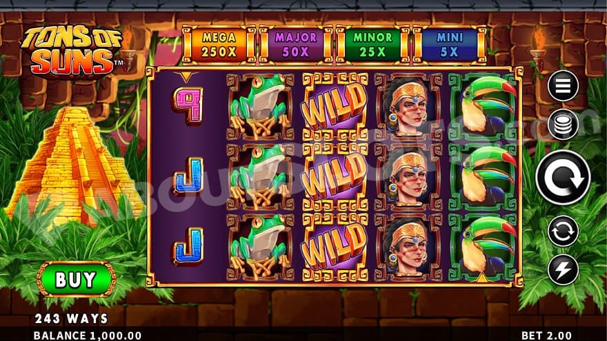 A casino slot of 5 reels with a pyramid to the side.