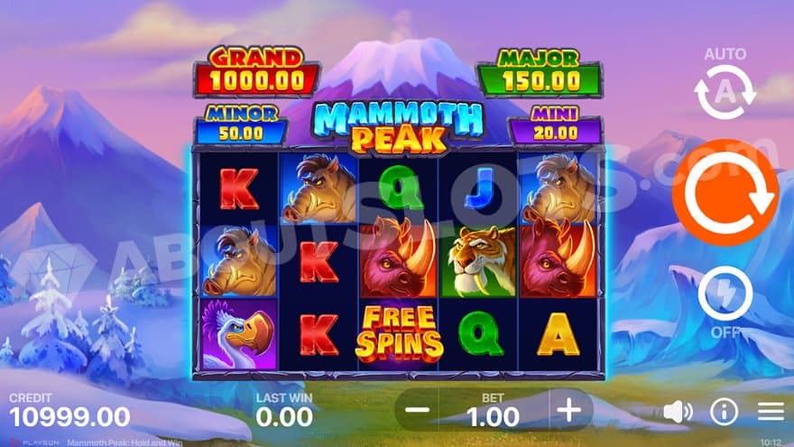 A 5x3 grid in the middle of a snowy landscape with a volcano in the distance.